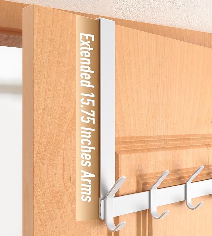 CHAUNCEY HOME Long Over The Door Hooks Hanger with 15.75" Arms for for Easier Access by Shorter, J16U, Perfectly Fits US Standard 1 3/4-inch Doors, Towel Rack Bathroom Organizer Holder, White