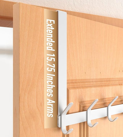 CHAUNCEY HOME Long Over The Door Hooks Hanger with 15.75" Arms for for Easier Access by Shorter, J16U, Perfectly Fits US Standard 1 3/4-inch Doors, Towel Rack Bathroom Organizer Holder, White
