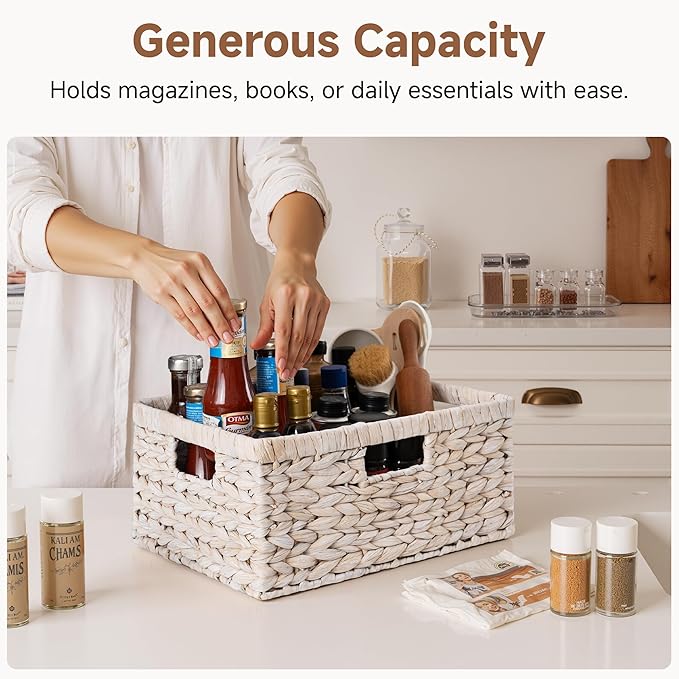 StorageWorks Pantry Baskets, Wicker Storage Baskets for Organizing, Bathroom Shelves, Pantry Organizers and Storage, Water Hyacinth, White