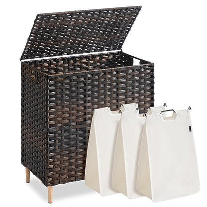 SONGMICS Laundry Hamper with Lid, PE Rattan Laundry Basket with Removable Liner, Storage Basket for Bedroom Living Room, 3-Section Sorter, 42.2 Gallons (160 L), Chestnut Brown ULCB223ME01