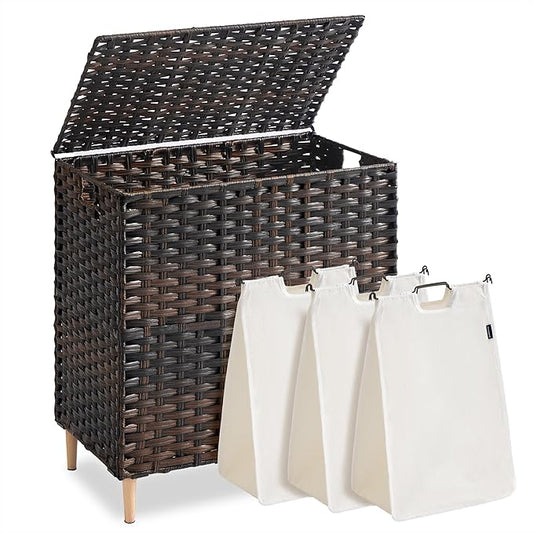 SONGMICS Laundry Hamper with Lid, PE Rattan Laundry Basket with Removable Liner, Storage Basket for Bedroom Living Room, 3-Section Sorter, 42.2 Gallons (160 L), Chestnut Brown ULCB223ME01