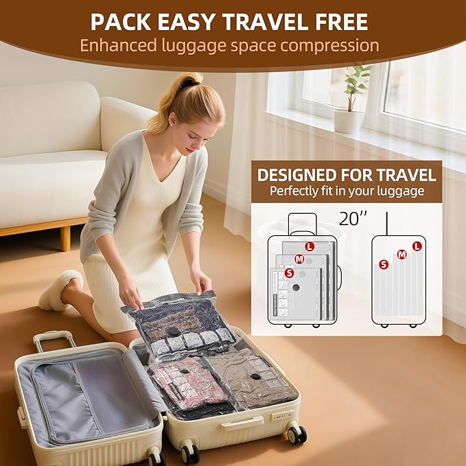 VACKFOX Travel Vacuum Storage Bags,6 Pack Carry-On Size Compression Packing Bags for Luggage and Suitcase, Space Saver for Clothes and Clothing Travel 80% Space Saver.