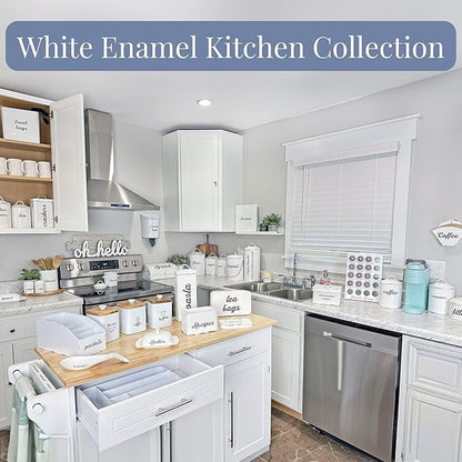 AuldHome Design Farmhouse Enamelware Oatmeal Canister (White); Rustic Distressed Style Oats Storage for Kitchen