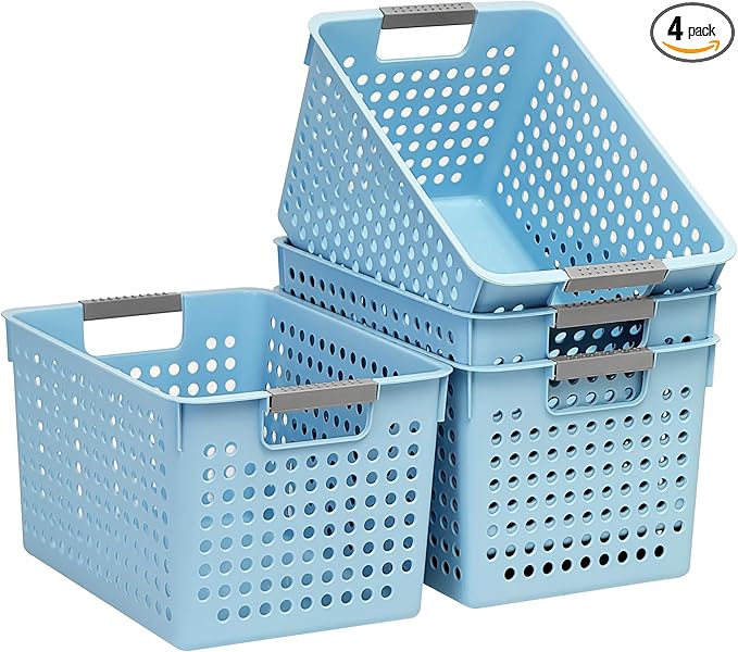 Soddeph 4 Pack Plastic Deep Storage Basket with Handles, Cubbies Organizer Bins with Hollow Design for Under Counter, Closet, Kitchen or Bathroom 12.3" × 8.7" × 6.9" (Blue, Medium)