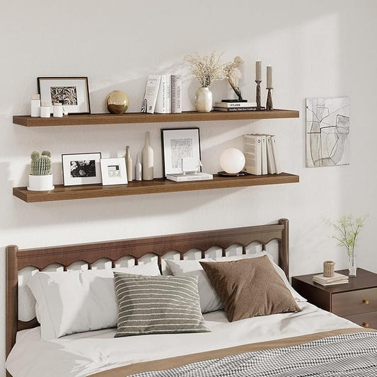 Fun Memories Walnut Deep Floating Shelves, 72 x 12 Inch Long Wall Shelves, Large Display Shelf & Storage Shelf, Wood Floating Wall Shelves for Fireplace Mantel, Living Room, Home Office - Set of 2