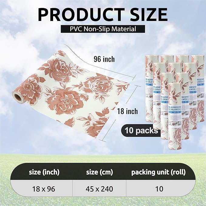 FIFTY FEET 18X96 Inch Shelf Liner for Kitchen Cabinets, PVC Drawer Liner for Dresser Non-Slip Bathroom, Non-Adhesive Cabinet Liner Washable (Red Flower)(10 Roll)