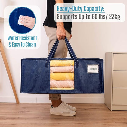 VENO 8 Pack Heavy Duty Moving Bags, Christmas Storage Bins with Lids, Transparent Window Design, Alternative to Moving Boxes, Storage Bags for Clothes, Blankets, Comforters, Pillows (Blue, 8 Pack)