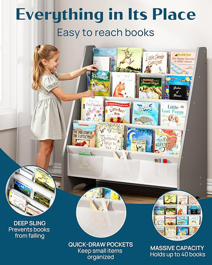 SEIRIONE Sturdy Kids Bookshelf,4-Tier Book Shelf for Kids Room with Tear-Proof Oxford Fabric-Nursery Room Playroom Classroom,Deep Slings to Keep Books Upright,Ideal Height for Toddler Age 3+, Grey