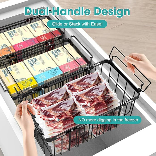 Freezer Organizer Bins, 2 Pack Expandable Stackable Chest Freezer Containers with Hanging Handles, Adjustable From 14.6" to 24.8" Storage Baskets for Fridge, Deep Freezer, Cabinet, Kitchen, Pantry