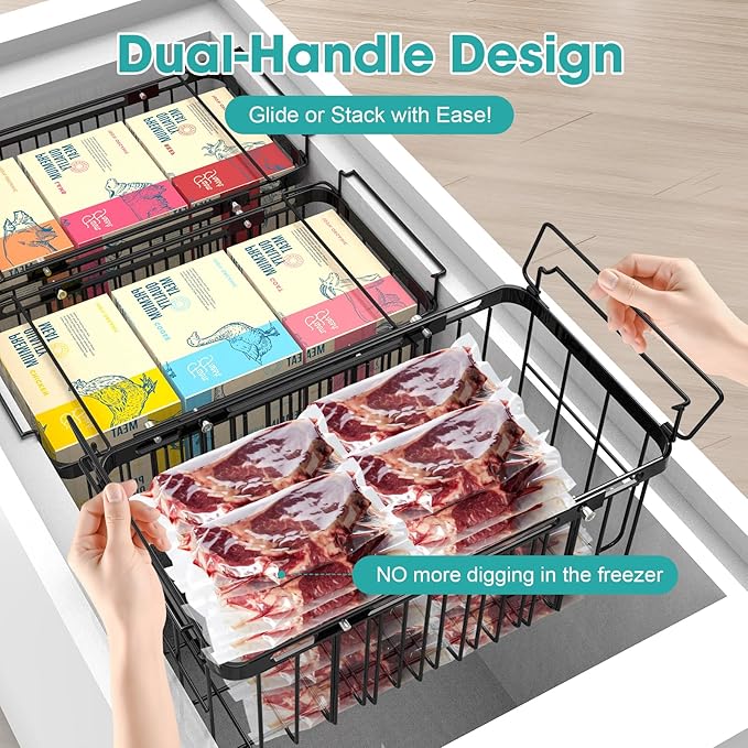 Freezer Organizer Bins, 2 Pack Expandable Stackable Hangable Chest Freezer Containers with Handles, Adjustable From 10.3" to 14.2" Storage Baskets for Fridge, Deep Freezer, Cabinet, Pantry, Kitchen