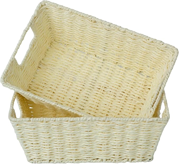 JS HANGER Wicker Storage Basket with Washable Liners, Metal Frame, Set of 2, 12.6" L x 8.7" W x 4.3" H, Woven Paper Basket for Pantry, Toilet, Bathroom, Bedroom, Patio, Light Yellow