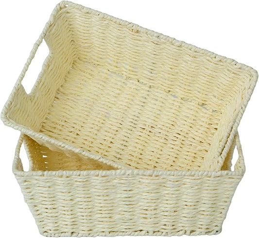 JS HANGER Wicker Storage Basket with Washable Liners, Metal Frame, Set of 2, 12.6" L x 8.7" W x 4.3" H, Woven Paper Basket for Pantry, Toilet, Bathroom, Bedroom, Patio, Light Yellow