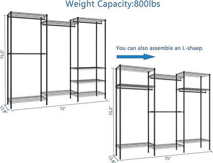 Heavy Duty Clothes Rack,Freestanding Clothing Shelf,Metal Garment Rack,Adjustable Custom Closet Shelf, 75" L x 13.8" W x 75.2" H, Max Load 800LBS, Large(Black)