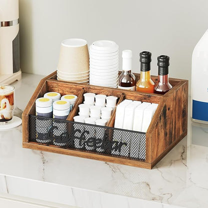 Coffee Pod Organizer, Wooden Coffee Bar Organizer for Countertop, Versatile Pod Holder with Dividers, Holds Syrup, Cups, Tea Bags, Easy Assembly, Rustic Brown KH11BR