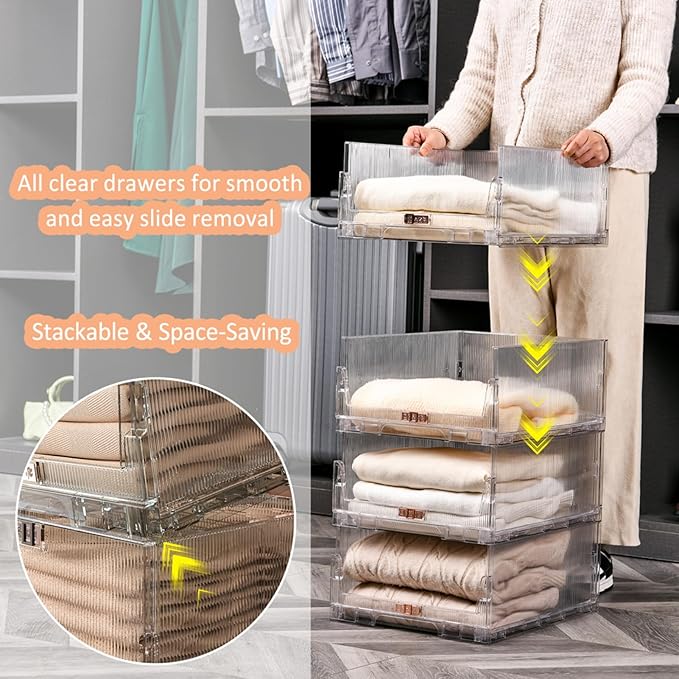 AOTENG STAR Stackable Closet Organizers and Storage Box, Clear Plastic Drawer Shelf Storage Basket for Bathroom Kitchen Laundry Room Wardrobe Storage (4 pack)