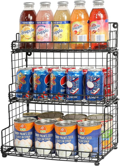 X-cosrack Stackable Wire Basket 3 Tier Countertop& Wall Mounted Metal Storage Basket for Kitchen Pantry Cabinet, Muti-functional Open Front Bin Organizer for Food Fruit Snack, Black