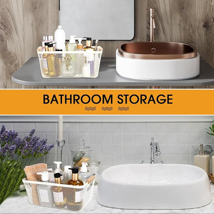 4 Pcs Metal Wire Basket with Wooden Handles Mesh Steel Storage Organizer Bin Containers for Home Organizing Cabinet Pantry Closet Kitchen Fridge Fruit Makeup Snacks Gifts(Medium,Cream White)