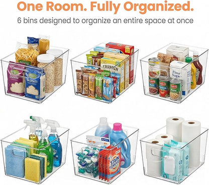 MOONEDGE Large Clear Plastic Storage Bins 6 Pack, 12" x 8" x 6" Durable Organizers for Kitchen, Pantry, Freezer, Closet & Bathroom – Food Safe, Easy to Clean, Perfect for Expanding Household Storage