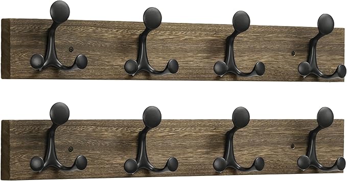 SKOLOO 24-Inch Wood Burnt Coat Rack Wall Mount with 4 Triple Hooks - Ideal for Family Entrances, Classrooms, and Pet Supplies Storage - Perfect Coat Hooks for Wall, Pack of 2