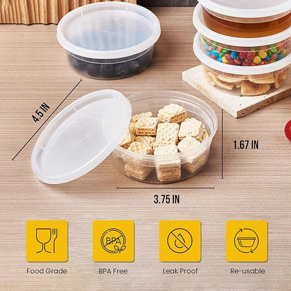 OCS Parts 48-Pack Round 8 Ounce Plastic Deli Containers with Lids | Stackable, Microwavable, Freezer and Dishwasher Safe BPA Free Food Prep and Storage Containers