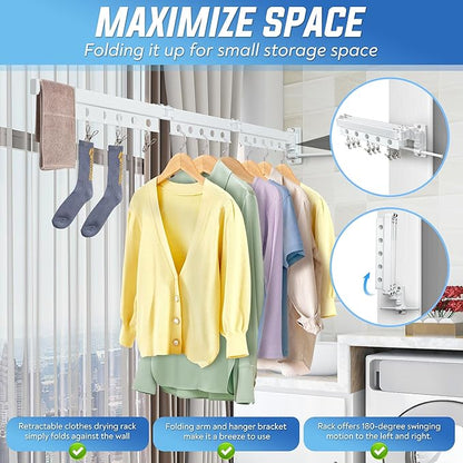 Clothes Drying Rack Wall Mounted, Retractable Space-Saving Aluminum Foldable Laundry Drying Rack for Indoor & Outdoor Use - Laundry Rooms, Bathroom & Balconies,Includes 10 Clothespins(White)