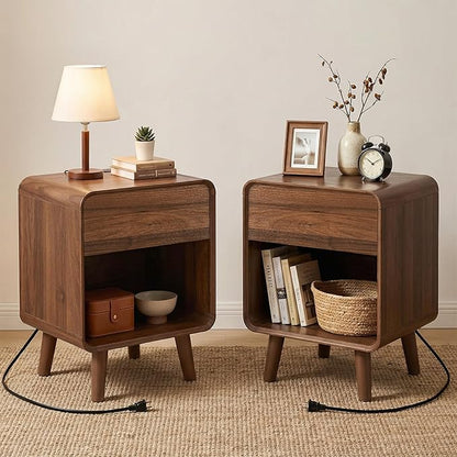 Nasonet Mid Century Modern Nightstands Set of 2 with Charging Station, Small Nightstand with Drawers, Curved Wood End Table Bedside Table for Bedroom, Walnut