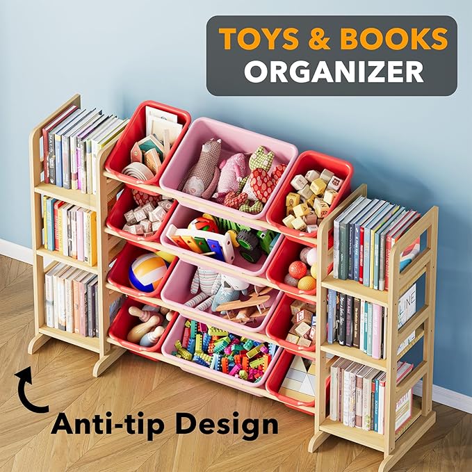 SpaceAid Toy Storage Organizer with 6 Shelves and 12 Bins, Toy Organizers Storage Bookshelf, Kids Bin Shelf Toys Box Bookcase for Bedroom Playroom Organization Room Decor, Red and Pink