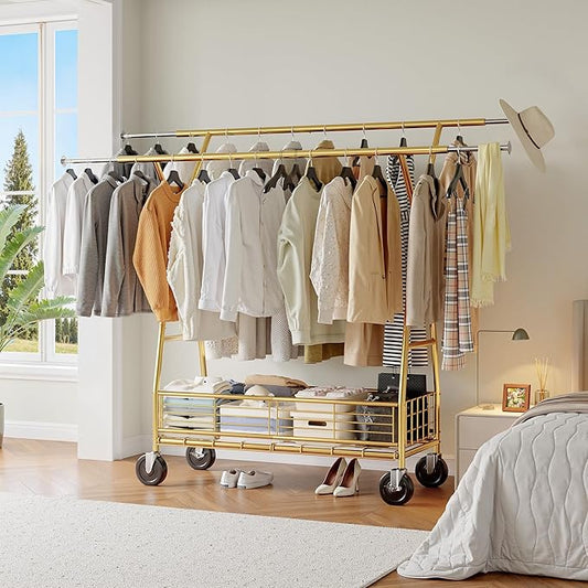Raybee Heavy Duty Clothes Rack 630LBS, Double Rods Clothing Rack with Storage Basket, Portable Garment Rack for Heavy Clothes, Extendable & Adjustable, Bedroom, Closet, Commercial, Gold