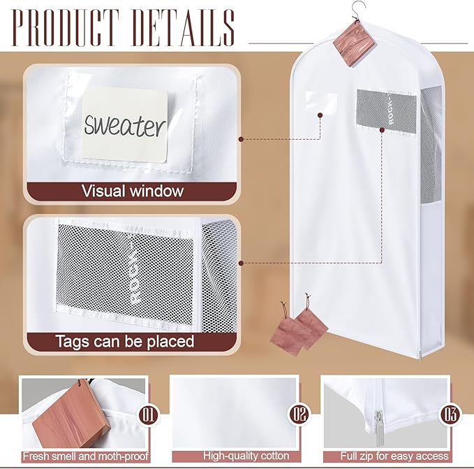 2 Sets 40 Inch Short Cotton Garment Bags, Breathable Hanging Clothes Covers with Card Pocket & Mesh Viewing Window, 8 Cedar Blocks for Suits, Sweaters, Fur Coats, Short Dresses, 6 Inch Wide