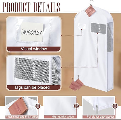 2 Sets 40 Inch Short Cotton Garment Bags, Breathable Hanging Clothes Covers with Card Pocket & Mesh Viewing Window, 8 Cedar Blocks for Suits, Sweaters, Fur Coats, Short Dresses, 6 Inch Wide