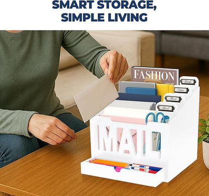 Mail Organizer Countertop – White Holder for Desk with 4 Slots, Drawer & Label Tags, Decorative Desktop Sorter, Envelope Tray for Home Office Organization (11x7x9.5 in)
