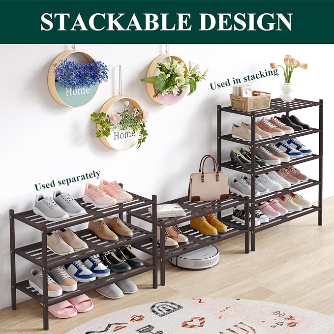 Smiry Bamboo Shoe Rack 5-Tier, Stackable Wooden Shoe Organizer for Entryway & Closet, Free Standing Wood Shoe Storage Shelf for Front Door & Small Spaces, Brown