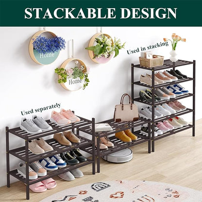 Smiry Bamboo Shoe Rack 5-Tier, Stackable Wooden Shoe Organizer for Entryway & Closet, Free Standing Wood Shoe Storage Shelf for Front Door & Small Spaces, Brown