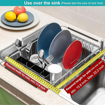 iPEGTOP Expandable Multifunctional Dish Drying Rack, Over The Sink, in Sink Or On Counter Dish Drainer Basket Shelf with Black Utensil Silverware Holder, Rustproof Stainless Organizer