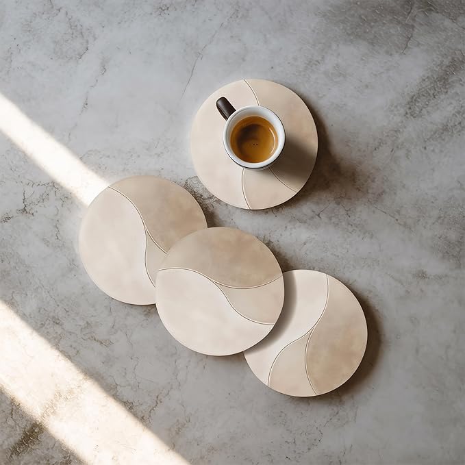 VEYRO Ceramic Coasters Set of 4 – Absorbent Stone Drink Coasters with Holder, Non-Slip Cork Backing, Modern Marble Look Coasters for Coffee Table, Desk & Home Decor