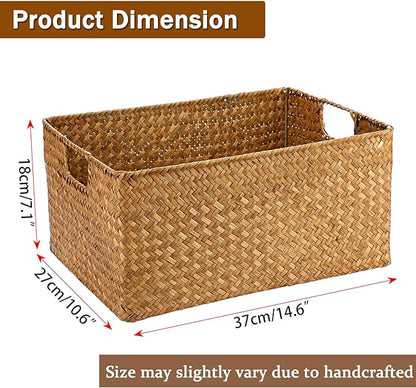 Hipiwe Seagrass Storage Baskets Bin for Shelf Handwoven Wicker Baskets Built-in Handles Rectangular Closet Bedroom Organizer Box Multipurpose Woven Basket Bins,14.6"x 10.6"x 7.1"