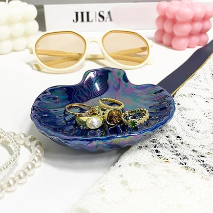 Shell Jewelry Holder Dish, Ceramic Seashell Trinket Dish for Women, Cute Room Decor Jewelry Plates for Earrings Ring, Birthday Mother's Day Christmas Gift for Women 3.9", Indigo Iridescent Surface