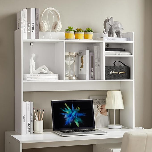 Desktop Bookshelf, Wooden Desk Storage Hutch with 6 Shelves for Computer Desk, 3-Tier Desktop Display Organizer Rack for Office Home (White)