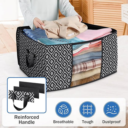 StorageTastic Direct 100L, 4 Pack, Storage Containers, Large Clothes Storage Bins Foldable Organization and Storage Bags with Reinforced Handle, Clear Window for Bedding, Blankets, Clothing, Black