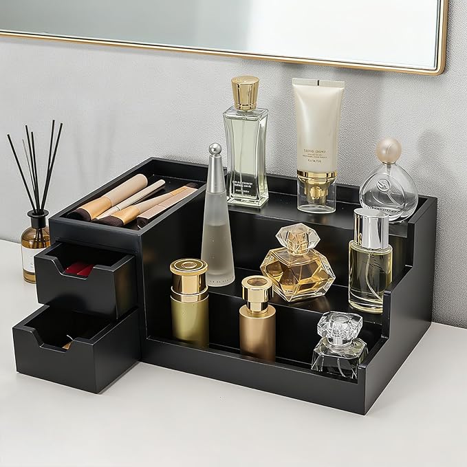 UUyuality Countertop Perfume & Makeup Organizer - Wooden Rack, Cologne Stand Shelves & Skincare Organizer for Bedroom Dresser, Organizador de Perfumes Estante para Perfumes (Black, 01)