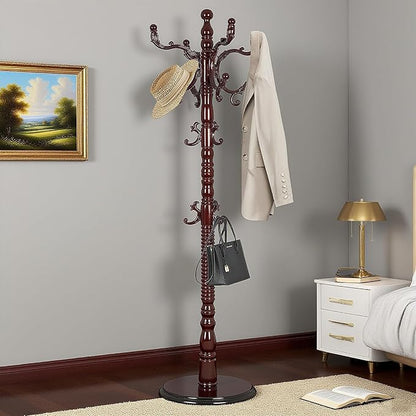 73”Vintage Wooden Coat Rack Freestanding,With 14 Hooks and Sturdy Round Base.Sturdy and Durable Standing Coat Racks，Adjustable Wooden Freestanding Coat Rack for Offices, Bedrooms (Mahogany)