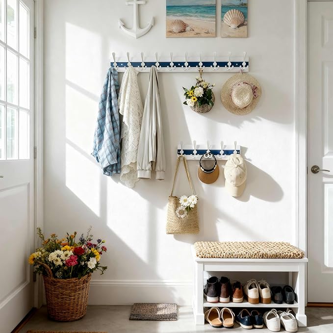 SKOLOO Coastal Wall Mounted Coat Rack - 38-1/8" Beach House Entryway Wooden Coat Hook with 10 Hooks for Hanging Coats, Hats or Towels, Oceanfront Cottage Core Collection, White & Blue