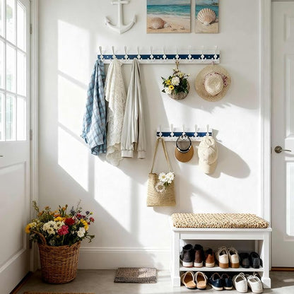 SKOLOO Coastal Wall Mounted Coat Rack - 38-1/8" Beach House Entryway Wooden Coat Hook with 10 Hooks for Hanging Coats, Hats or Towels, Oceanfront Cottage Core Collection, White & Blue
