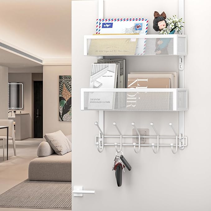 Aimeaihe Adjustable Over The Door Hooks Organizer, Door Hanger Coat Rack with 2 Mesh Baskets and 10 Hooks, Back of Door Storage Organizer for Bedroom,Bathroom,Kitchen (White)