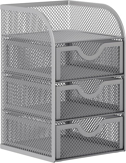 EasyPAG Mesh Desk Organizer with 3 Drawer Office Desktop Organizers and Accessories Stationery Caddy for Office, Home, Students, Silver