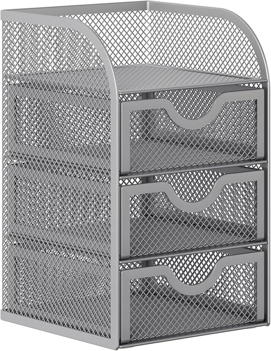 EasyPAG Mesh Desk Organizer with 3 Drawer Office Desktop Organizers and Accessories Stationery Caddy for Office, Home, Students, Silver