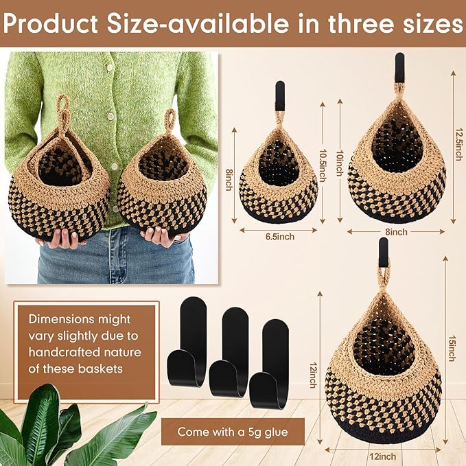 Honeydak Boho Decor Hanging Wall Baskets for Kitchen 3 Pack Teardrop Baskets with Hooks Storage Fruit Onion Vegetable Potato for Home 3 Sizes (Linen with Black,Cotton Rope)