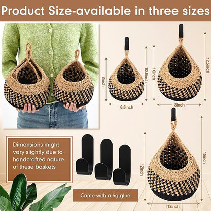 Honeydak Boho Decor Hanging Wall Baskets for Kitchen 3 Pack Teardrop Baskets with Hooks Storage Fruit Onion Vegetable Potato for Home 3 Sizes (Linen with Black,Cotton Rope)