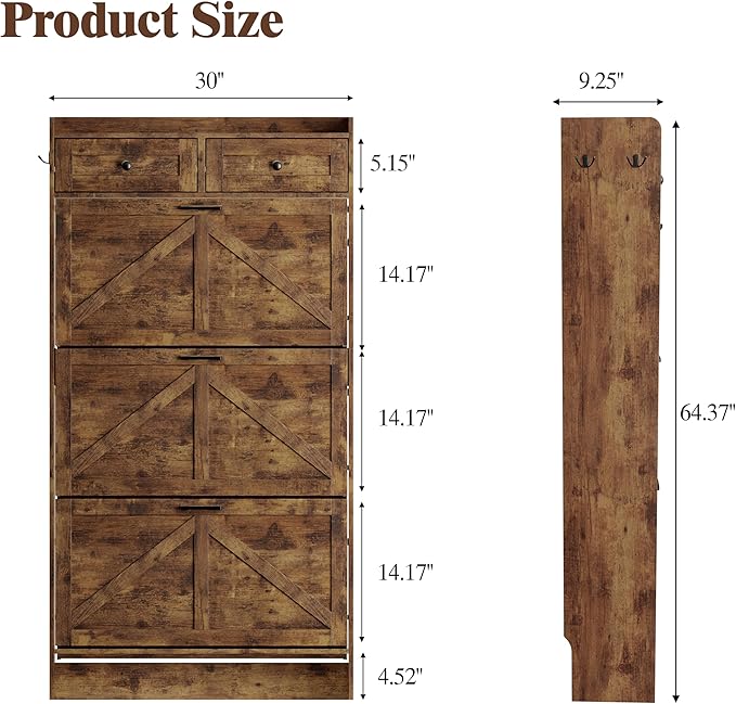 Shoe Cabinet with 3 Flip Drawers & 2 Storage Drawers, Rustic Farmhouse Narrow Shoe Organizer Cabinet, Slim Shoe Rack Cabinet, Shoe Storage Cabinet for Entryway, Hallway, Front Door