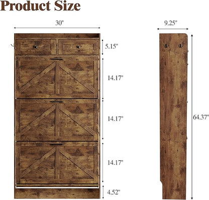 Shoe Cabinet with 3 Flip Drawers & 2 Storage Drawers, Rustic Farmhouse Narrow Shoe Organizer Cabinet, Slim Shoe Rack Cabinet, Shoe Storage Cabinet for Entryway, Hallway, Front Door